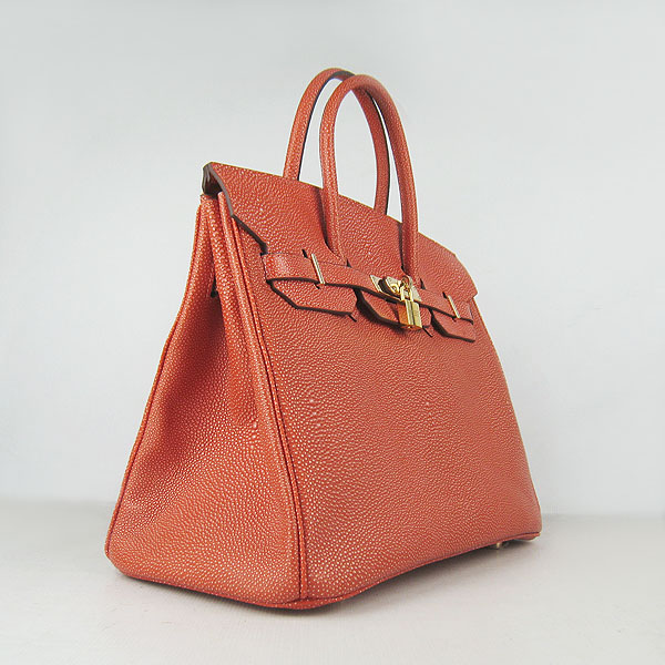 High Quality Fake Hermes Birkin 35CM Pearl Veins Leather Bag Orange 6089 - Click Image to Close